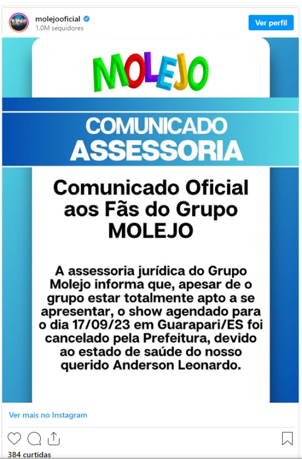 Apos internacao de cantor Anderson do ‘Molejo assessoria faz comunicado