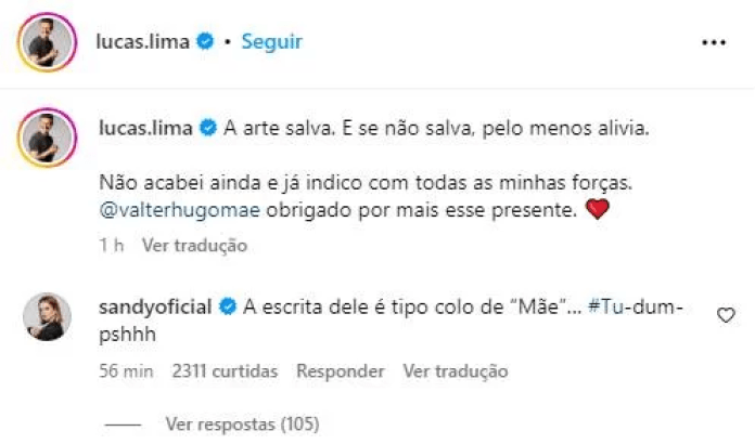 Após boatos de fim por livro, Lucas Lima indica obra e Sandy comenta 34 Apos boatos de fim por livro Lucas Lima indica obra