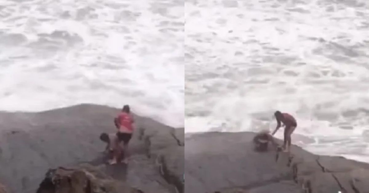 Ondas arrastam turistas que se arriscaram ao tirar selfie em dia de ressaca na Praia do Diabo, no Rio 31 FN+