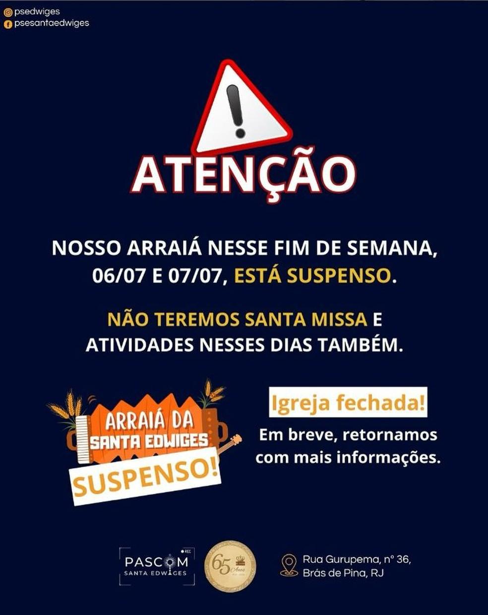 Mensagem nas redes sociais da Parquia Santa Edwiges Foto Reproduo
