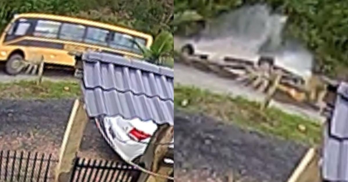Câmera de segurança capta exato momento que microonibus com crianças cai em rio em SC 31 FN+