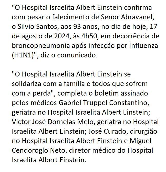 Hospital acaba de confirmar causa da morte de Silvio Santos; leia boletim na íntegra 39 1723908187 983 Hospital acaba de confirmar causa da morte de Silvio Santos