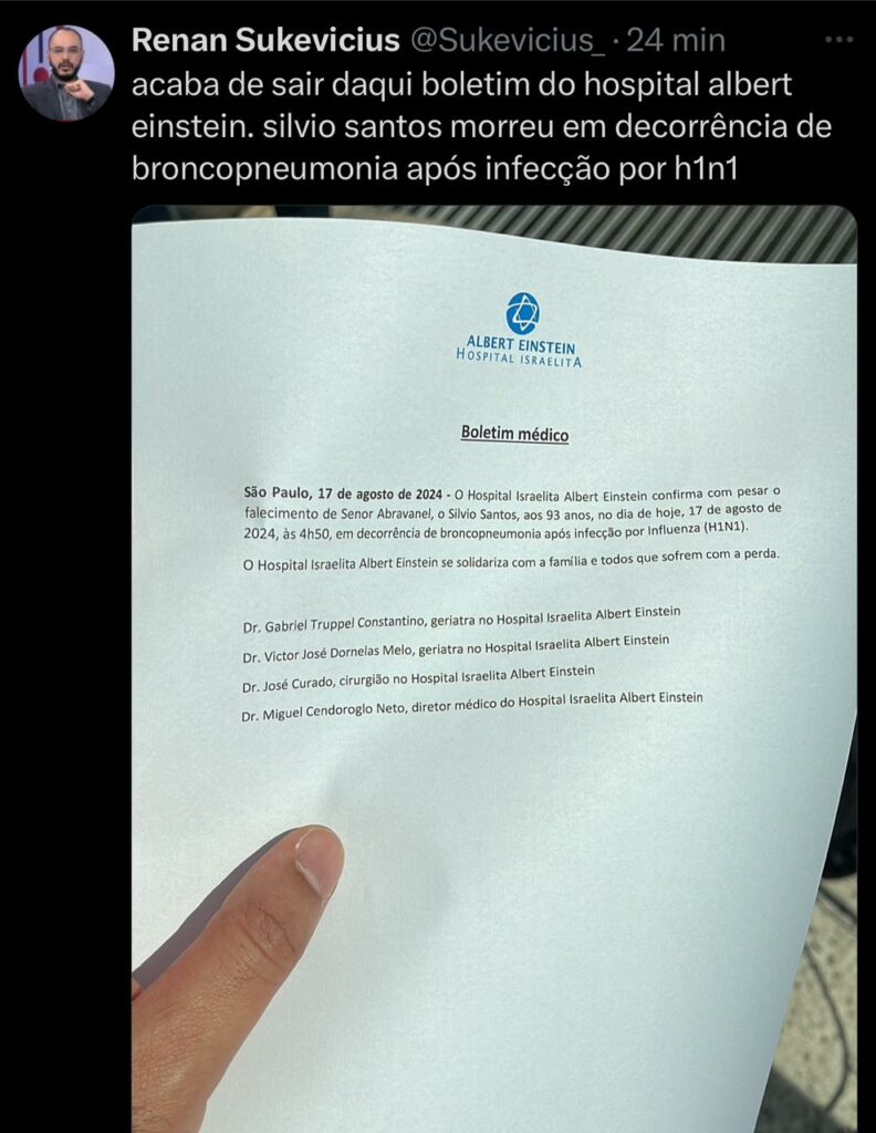 Hospital acaba de confirmar causa da morte de Silvio Santos; leia boletim na íntegra 38 Hospital acaba de confirmar causa da morte de Silvio Santos