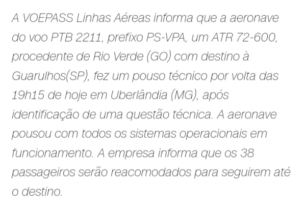 Voepass se manifesta apos aviao precisar fazer pouso por pane